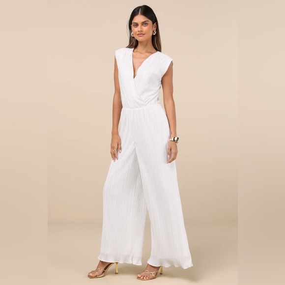 Lulus Pants - Lulus Firenze White Plisse Surplice Sleeveless Wide-Leg Jumpsuit